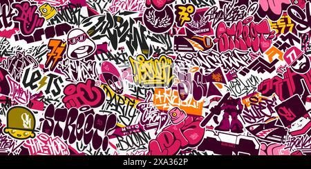 Coole Abstrakte Nahtlose Bunte Urban Graffiti Sticker Bombing Mit Etwas Street Art Schriftzug. Vektorabbildung Stock Vektor