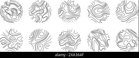 Kreisförmige Holzringe oder topografische Kartenlinien Texturset. Sammlung der topographischen abstrakten Linien des Holzbaums Stock Vektor