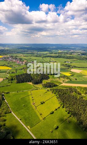 Aus der Vogelperspektive, NSG Naturpark Hinnenburger Forst mit Emder Bachtal, sanfte Hügellandschaft mit Wiesen und Feldern, Kuhhaus auf einer Wiese mit Stockfoto