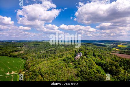 Blick aus der Vogelperspektive, Schloss Hinnenburg auf einem Hügel in einem Waldgebiet, Privatbesitz der Familie von der Asseburg-Falkenstein-Rothkirch, Fernsicht mit Stockfoto