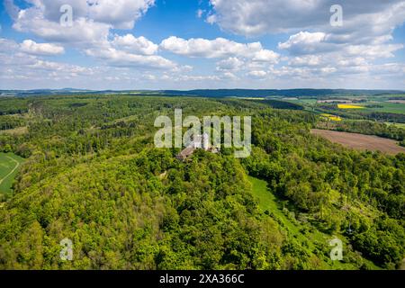 Blick aus der Vogelperspektive, Schloss Hinnenburg auf einem Hügel in einem Waldgebiet, Privatbesitz der Familie von der Asseburg-Falkenstein-Rothkirch, Fernsicht mit Stockfoto