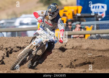 1. Juni 2024 Sacramento, CA USA Malcolm Stewart Rockstar Energy Husqvarna Factory Racing(27)Einzug in die Sektion 27-28 während der Pro Motocross 450 Championship in Hangtown Classic Sacramento, CA Thurman James/CSM Stockfoto