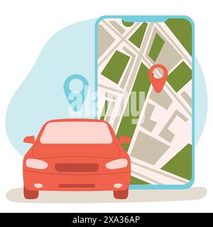 Online-Bestellung von Taxiwagen, Miete und Teilen über die mobile Service-App. Smartphone-Bildschirm mit Route und Position auf der Stadtkarte im Auto Stock Vektor