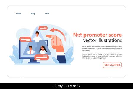 Online-Analyse des Net Promoter Score, Bewertung der Kundenloyalität und -Zufriedenheit durch Feedback. Steigerung des Geschäftswachstums durch Kundenbewertungen. Illustration des flachen Vektors. Stock Vektor