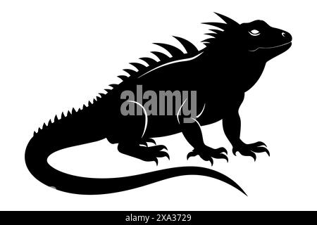 Schwarze Silhouette eines Leguans isoliert auf weißem Hintergrund. Konzept der Reptilienillustration, minimalistischer Stil, wilde Tierkunst. Drucken, Symbol, Logo, t Stock Vektor