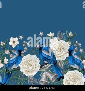 Rand mit weihnachtlichen Elementen wie Tanne, rote Vögel, Blumen. Vektor. Stock Vektor