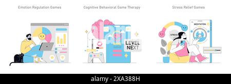 Gamification Therapieset. Innovativer Ansatz in der psychischen Gesundheit mit Emotions-, kognitiven und Stressentlastungsspielen. Selbsthilfetechniken. Vektorabbildung. Stock Vektor