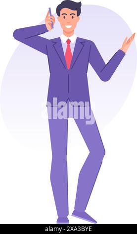 Erfolgreicher Geschäftsmann im Krawattenanzug, der das Mobiltelefon anruft, das Geschäftsvektor-flache Illustration diskutiert. Glückliche Geschäftsleute sprechen mit Smartphone-Consu Stock Vektor