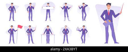 Gruppe von Geschäftsleuten, die verschiedene Geschäftsaktivitäten Vektorillustrationen ausführen. Moderne Entrepreneurs Flat Cartoon Figur in blauer formeller Kleidung während achie Stock Vektor