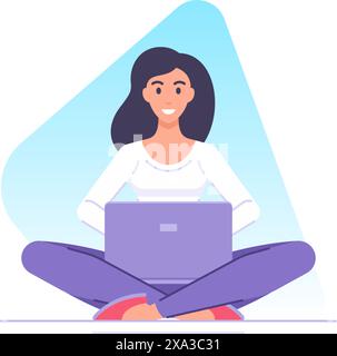Moderne freiberufliche Geschäftsfrau, die mit dem Laptop arbeitet, der in Lotusposition Vektor-flache Illustration sitzt. Glückliche entspannte weibliche Meditation stressfrei en Stock Vektor