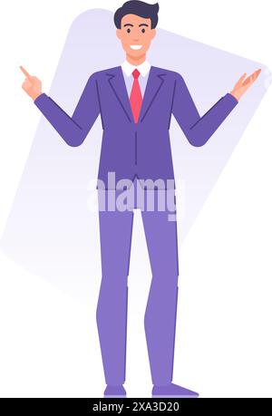 Glücklicher Geschäftsmann im Anzug rote Krawatte zeigt Zeigefinger Präsentation Werbung Vektor flache Illustration. Lächelnder männlicher Unternehmer Boss Angestellter inde Stock Vektor