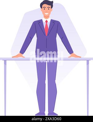 Lächelnder stilvoller Politiker in Anzug Krawatte steht hinter Tribüne bereit öffentliche Rede Agitation Vektor flache Illustration. Glücklicher Geschäftslehrer bei Stock Vektor