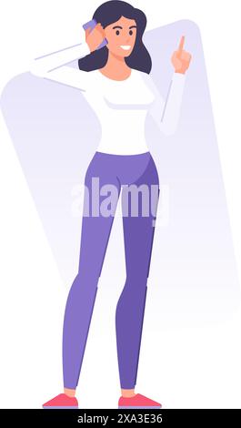 Glückliche junge Geschäftsfrau spricht Smartphone zeigt Zeigefinger mit guter Innovationsidee Vektor flache Illustration. Lächelnde Frau, die das Handy anruft Stock Vektor