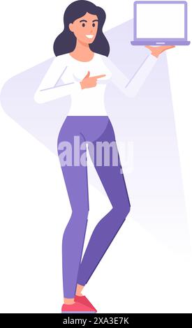 Glückliche moderne Frau zeigt Finger auf Laptop-Bildschirm leerer Kopierraum Internet Marketing Vektor flache Illustration. Lächelnde weibliche Zeiger Zeigefinger Co Stock Vektor