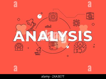 Analyse Text Konzept Moderne flache Vektorillustration rotes Banner mit Umrisssymbolen. Vorlage für die Landing-Page-Website der Geschäftsstatistik o Stock Vektor
