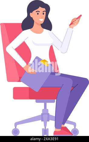 Glückliche Frau Büroangestellte sitzender Sessel mit Klemmbrett und Stift genießt Arbeit Vektor flache Illustration. Lächelnde junge brünette Frau erfolgreich Stock Vektor