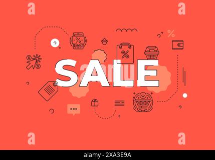 Verkaufstext Konzept moderner flacher Stil Vektorillustration rotes Banner mit Umrisssymbolen. Vorlage für Landing-Page-Websites im Online-Shop oder mobile Apps Stock Vektor