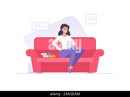Lächelnde flache Frauenfigur mit Lehrbüchern auf Couch-Vektor-Illustration. Fröhliche, moderne Cartoon-Frau mit einem Stapel voller Bücher, die selbstbewusst auf einem sof sitzen Stock Vektor