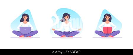 Karton weibliche Figur, die Yoga zu Hause macht und studiert Set von Vektor Flat Stil Frau meditiert in Lotus Pose, Arbeit auf Laptop und Lesen Buch ist Stock Vektor