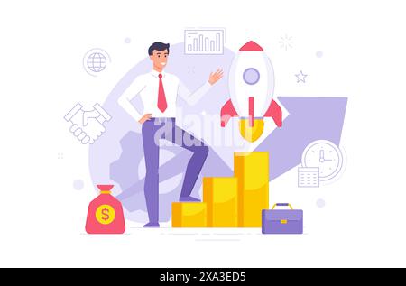 Leiter der Illustration des Startup-Projektes der Raketenanlage. Flacher Cartoon Geschäftsmann in formeller Kleidung lächelt, nachdem er Erfolg bei der Einführung moderner RO erzielt hat Stock Vektor