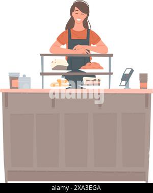 Lächelnde Frauenverkäuferin in Schürze, die am Stand der Bäckerei steht Vektor-flache Illustration. Glückliche Frau, die Kuchen, Süßigkeiten, Kuchen, Dessert im Einkaufszentrum verkauft Stock Vektor