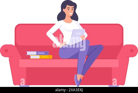 Lächelnde Geschäftsfrau, die zu Hause arbeitet, sitzt auf Couch mit Tablet-pc am Stapel Papierdokumente Ordner Vektor flache Illustration. Moderne weibliche Studyi Stock Vektor