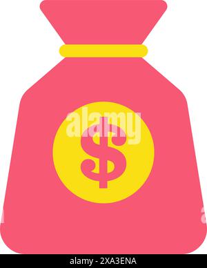 Einfaches gebundenes rotes Sack volles Bargeld mit gelbem Kreis Dollar Emblem Vektor flache Illustration. Riesige Tasche für Geldaufbewahrung und isolierten Transport Stock Vektor