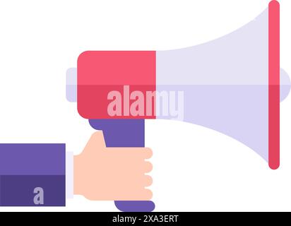 Geschäftsmann im Anzug, der Megaphon hält, kündigen Promo-Vektor-flache Illustration an. Männlicher Unternehmer mit Lautsprecher Politiker Agitation, Werbung Stock Vektor