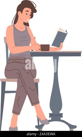 Entspannte junge Frau sitzender Tisch im Café Buch lesen und Kaffee-Vektor-flache Illustration trinken. Lässige, moderne Frau, die sich gerne mit Literatur beschäftigt Stock Vektor