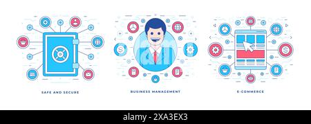 Satz von Vektorillustrationen flache Banner mit Symbolen, die verschiedene sichere Banking- und Geschäftsmöglichkeiten für Social-Media-Marketing-Camp darstellen Stock Vektor