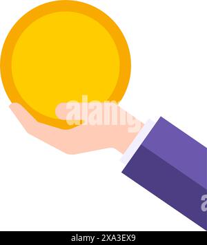 Geschäft männliche Hand hält goldene Münze finanzielle Unabhängigkeit, Reichtum und Spende Wohltätigkeitsvektor flache Illustration. Mann Boss Anzug mit Bargeld c Stock Vektor