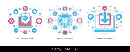 Satz von Vektorillustrationen flache Designs von Bannern mit bunten Symbolen für geschützte globale Marketing-Kampagnen für Unternehmen und Handel. Linearer Stab Stock Vektor