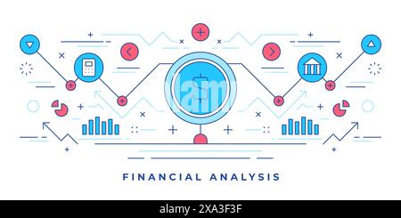 Vektorillustration eines flachen Banners mit Geldsymbol und grafischen Symbolen für Marketingkampagnen zur Finanzanalyse auf der Website. Lineares Design Stock Vektor