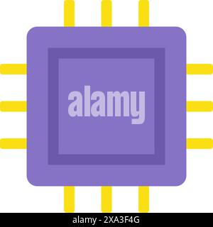 Quadratische violette Vektorgrafik des cpu-Symbols. Computer-Mikrochip-Prozessor isoliert auf weiß. Textilverzierung zur Bekleidungsrenovierung mit Nähten Stock Vektor