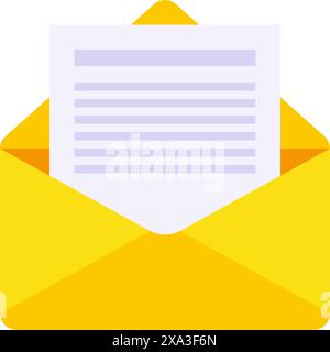 Öffnen Sie den gelben Papierumschlag mit dem Letter-Dokument in der flachen Vektorgrafik. Entpacken der Briefkorrespondenz neue Nachricht für den Cyberspace-Alert Stock Vektor
