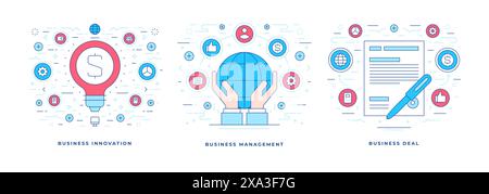 Satz von Vektorillustrationen von flachen Bannern mit Symbolen, die Geschäftsinnovationen und Managementlösungen darstellen, die zum Abschluss von Geschäftsabschlüssen führen. Li Stock Vektor