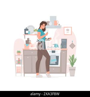 Vektor-Illustration der fröhlichen jungen Frau in der Schürze, die Zutaten in der Schüssel mischt, während sie in der gemütlichen Küche zu Hause steht und kocht. Flacher Cartoon Stock Vektor
