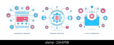 Satz von Vektorillustrationen grafische lineare Banner mit Symbolen für verschiedene Online-Lösungen für erfolgreiches Business Marketing in sozialen Medien. Stock Vektor