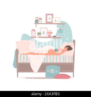 Vektor-Illustration der jungen Frau im Pyjama, die friedlich auf weichem Bett unter Regalen mit Büchern und Dekorationen im gemütlichen Schlafzimmer zu Hause schläft Stock Vektor