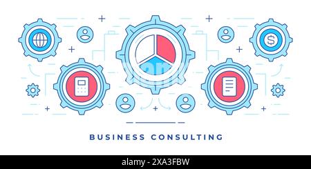 Vektorillustration eines flachen Banners mit grafischen Zahnrädern mit Symbolen für Marketingkampagnen für Unternehmensberatung in sozialen Medien. Lineares Design Stock Vektor