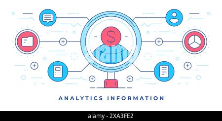 Vektorillustration eines flachen Linienbanner mit Symbolen rund um den Globus und Geldsymbolen für Websites, die Analyseinformationen anbieten. Lineare Ausführung Temp Stock Vektor