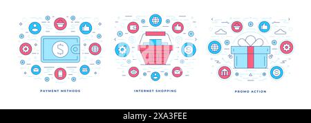 Satz von Vektorillustrationen flache Designs verschiedener Optionen für Online-Shops mit bunten Symbolen für E-Commerce-Marketing-Campus Stock Vektor