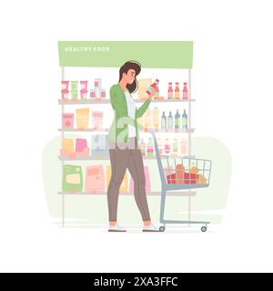 Vektor-Illustration der modernen jungen Frau mit Einkaufswagen, der Getränk vom Regal beim Kauf von gesunder Nahrung im Lebensmittelgeschäft wählt. Flacher Cartoon Stock Vektor