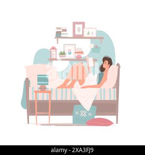 Vektor-Illustration der modernen Frau, die auf Bett unter Decke sitzt und interessantes Buch am Morgen im gemütlichen Schlafzimmer zu Hause liest Stock Vektor