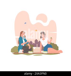 Weibliche Freunde, die Picknick in Sommerpark-Vektor-Illustration haben. Glückliche junge Frauen, die lächeln und miteinander reden, während sie auf einer Decke in der Nähe von B sitzen Stock Vektor