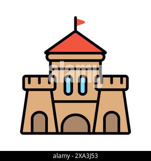 Schloss-Set-Symbol. Braune Festung, rotes Dach, blaue Fenster, mittelalterliche Architektur, Festung, historisches Gebäude, Turm, Graben, Zinnen. Stock Vektor