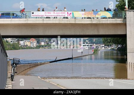 Hochwasser nach Dauerregen 03.06.2024 Blick auf das Hochwasser im Neckar Theodor-Heuß-Brücke und Alte Brücke Heidelberg Baden-Württemberg Deutschland *** Hochwasser nach Dauerregen 03 06 2024 Blick auf das Hochwasser im Neckar Theodor-Heuß-Brücke und Alte Brücke Heidelberg Baden-Württemberg Deutschland Stockfoto