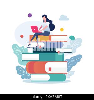 Frau in lässiger Kleidung, die am Laptop arbeitet, während sie auf Büchern sitzt. Vektorabbildung mit flachem Stil. Stock Vektor