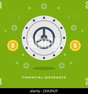 Flaches Design Vektor Business Illustration Konzept Finanzversicherung Safe Tür und Dollarmünze Symbole für Website und Promotion Banner. Stock Vektor