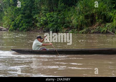 Örtlicher Senior Mann, der mit seinem Kanu auf dem Napo River am Yasuni-Nationalpark, Amazonas-Regenwald, Ecuador, reitet. Stockfoto